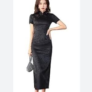 SHANGHAI STORY Chinese Dress Long Cheongsam Satin black Asian midi 4XL plus size